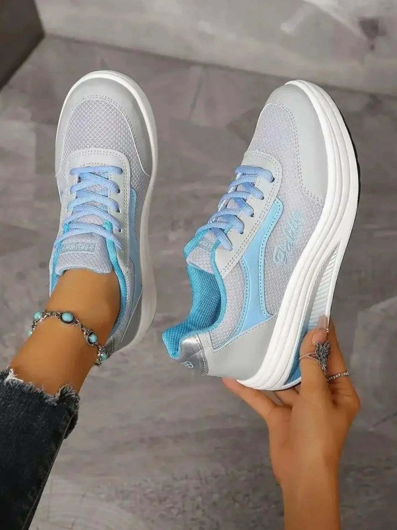 Fashorio Light Blue / 36 Breathable Lace Up Contrast Mesh Athletic