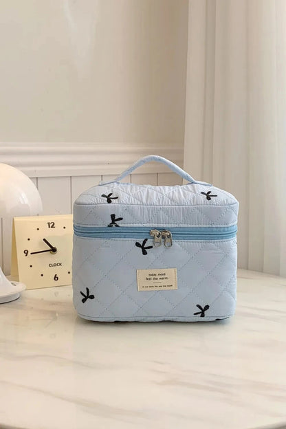 Bow Embroidered Quilted Storage Bag with Zip Light Blue One Size - Fashorio