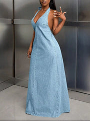 Fashorio Light Blue / S Backless Halter Neck Maxi Denim Dress