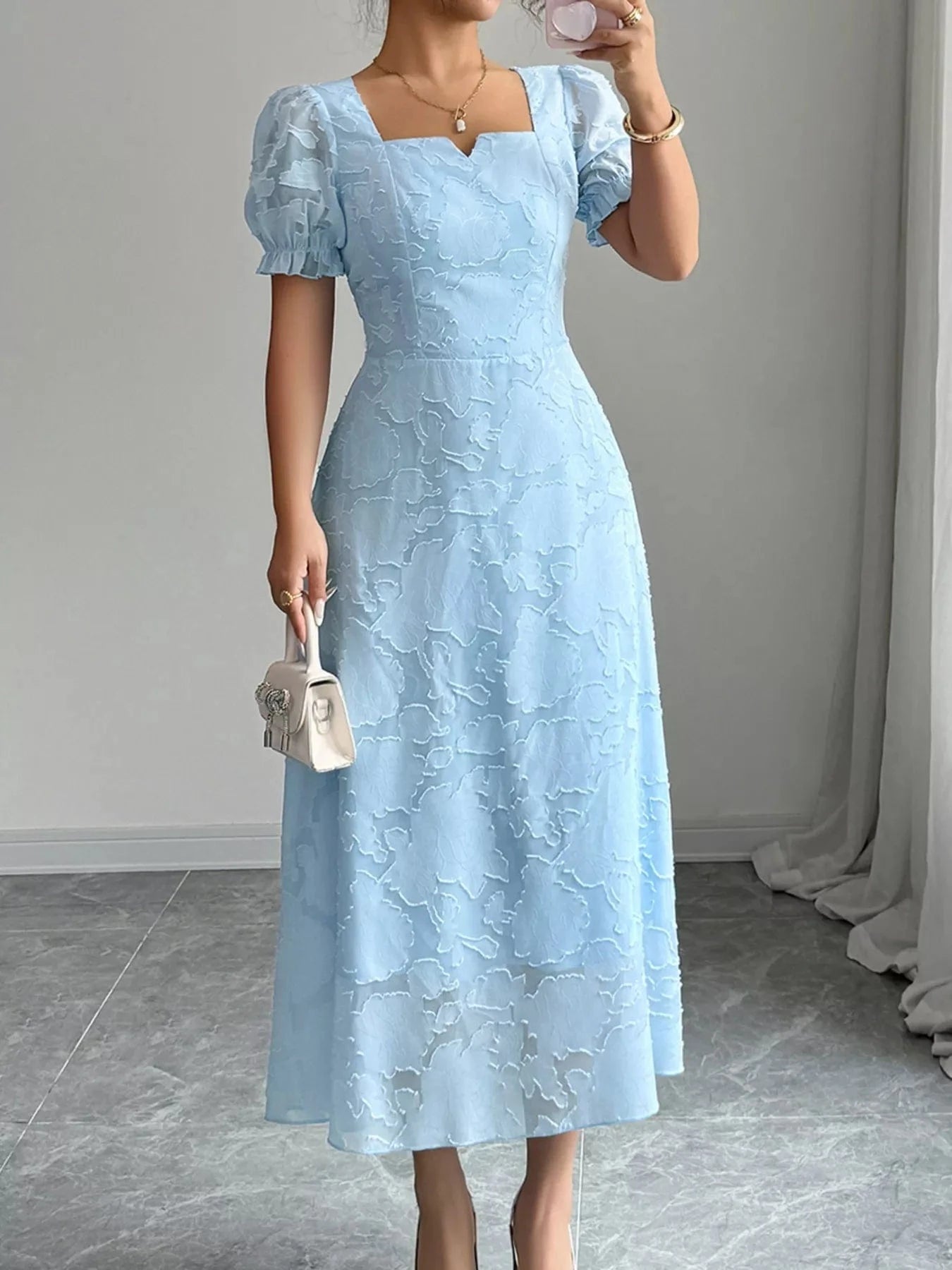 Fashorio Light Blue / S Floral Puff Sleeve Square Neck Midi Dress