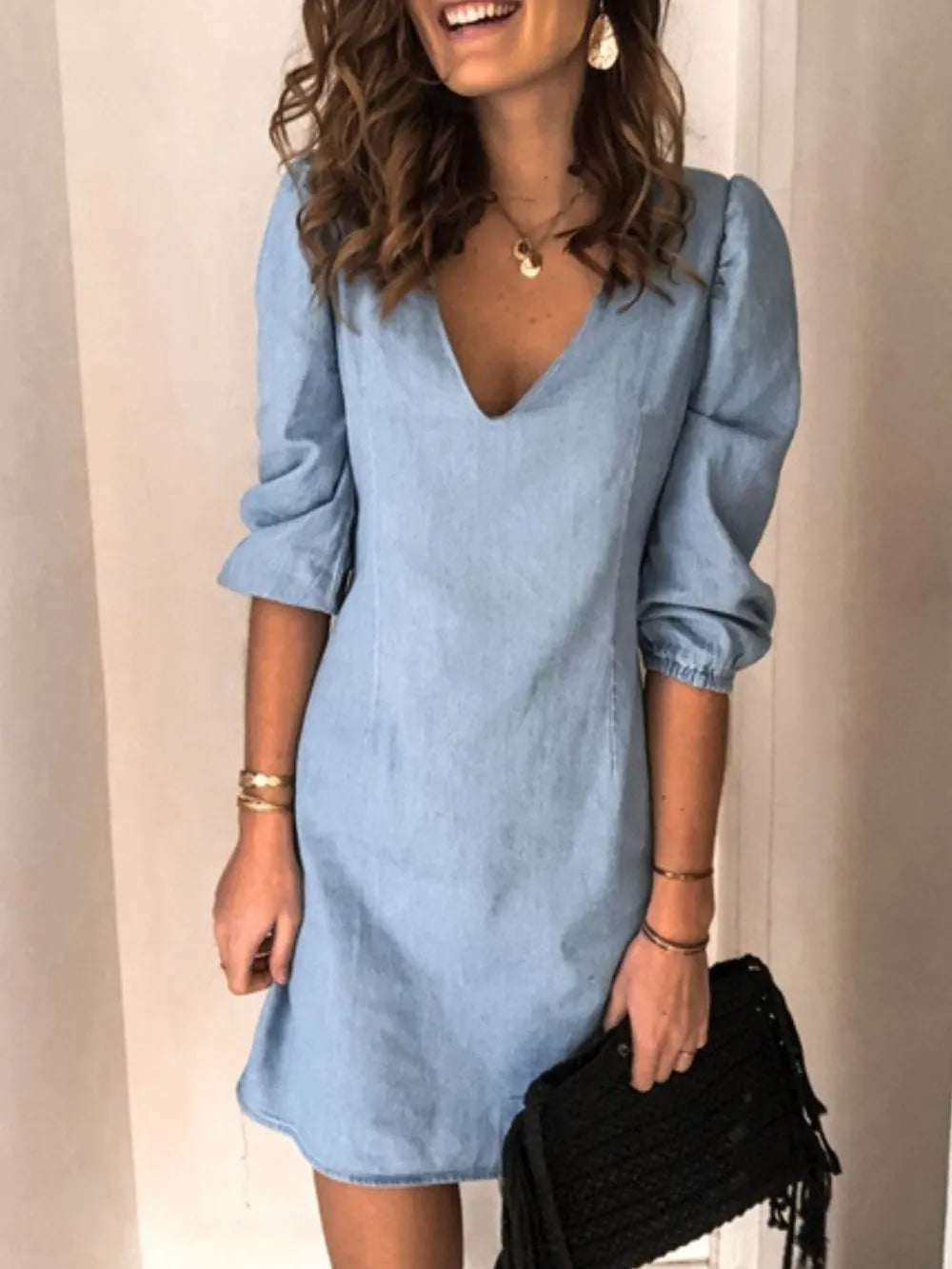 Fashorio Light Blue / S Full Size V-Neck Half Sleeve Dress