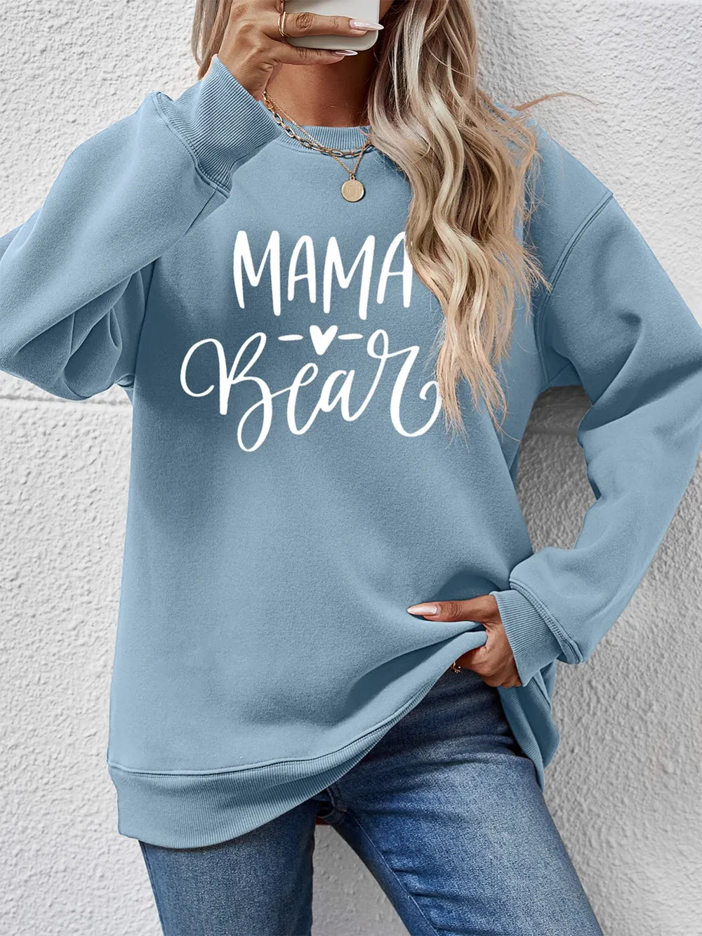 Fashorio Light Blue / S Letter Graphic Round Neck Long Sleeve Sweatshirt