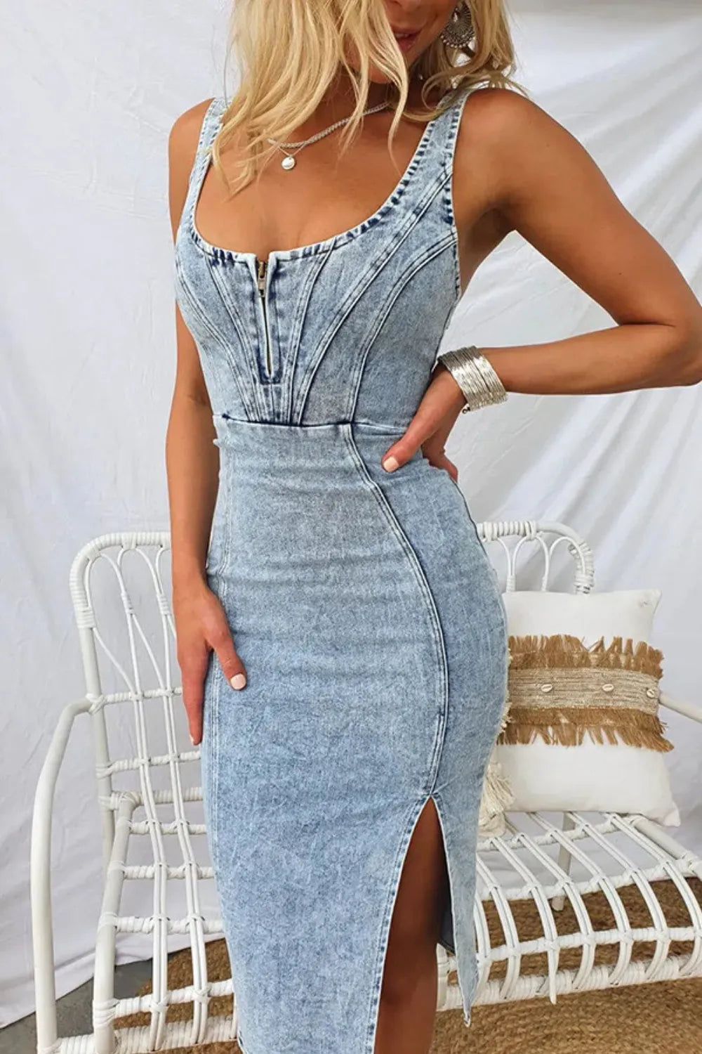 Fashorio Light Blue / S Side Slit Washed Scoop Neck Denim Dress