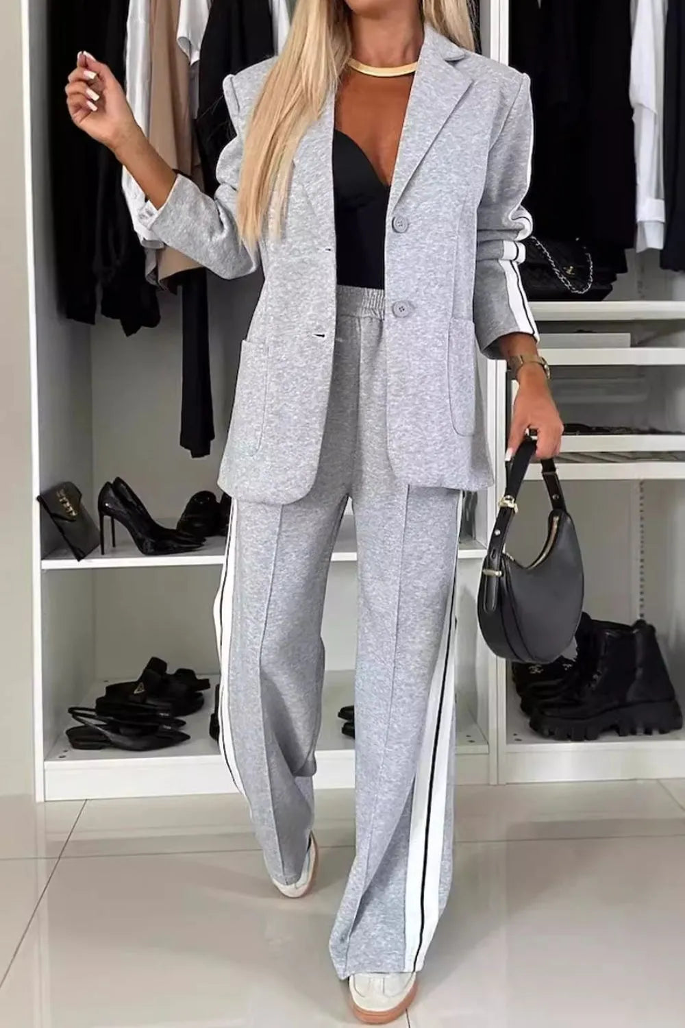 Fashorio Light Gray / S Full Size Contrast Lapel Collar Top and Pants Set