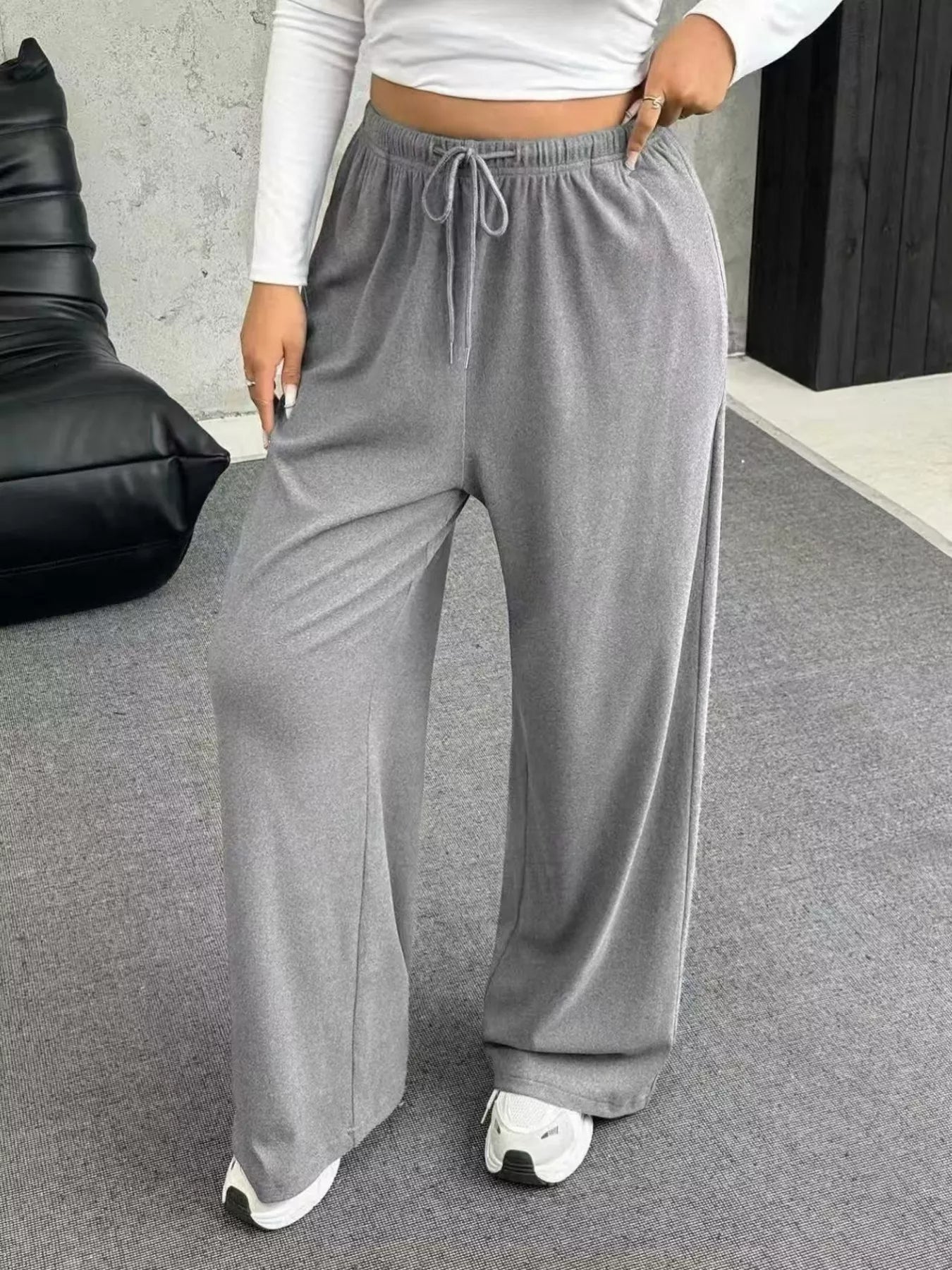 Fashorio Light Gray / S Full Size Drawstring Wide Leg Pants Plus Size