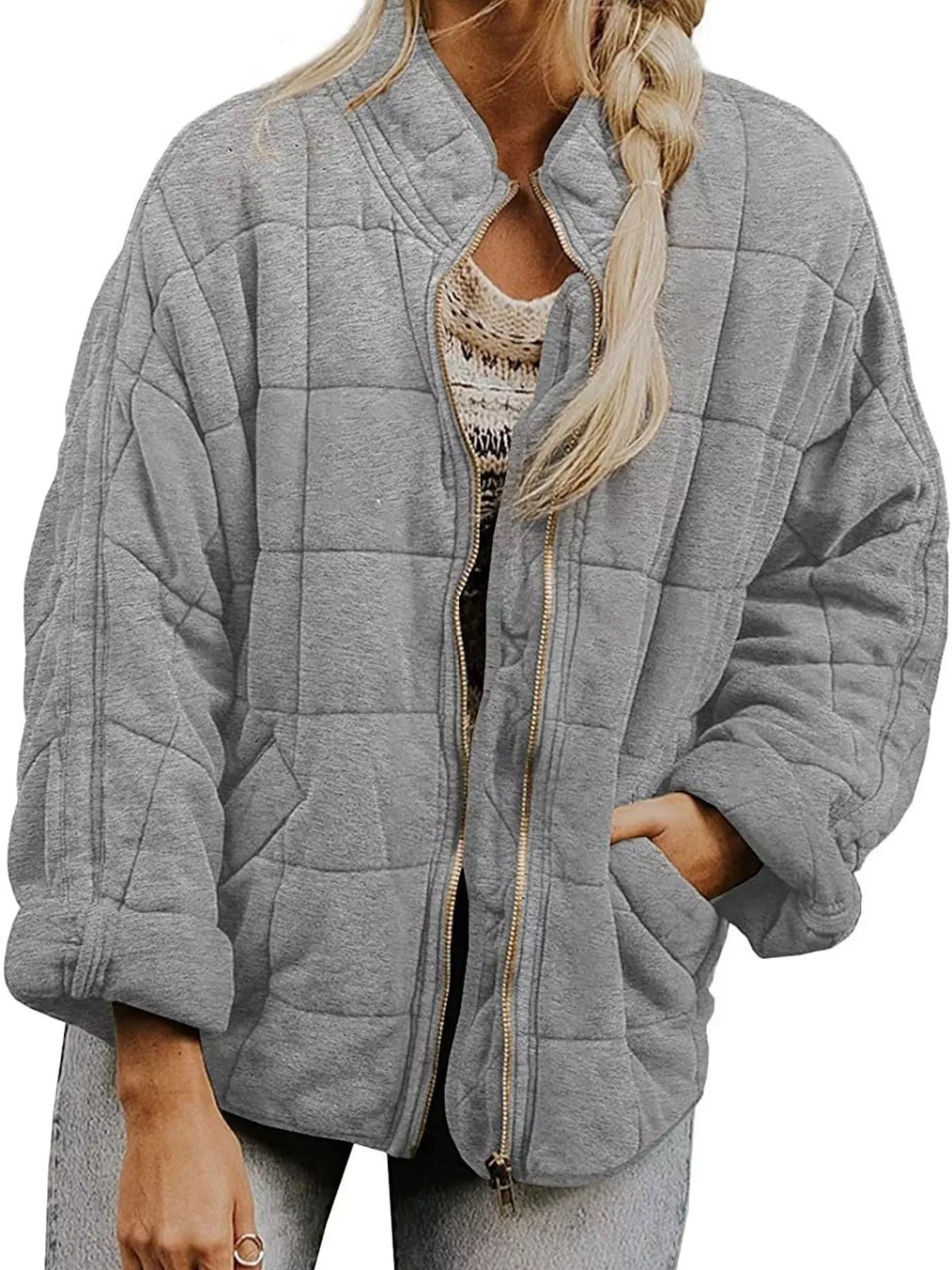 Fashorio Light Gray / S Full Size Zip Up Quilted Bomber Jacket Plus Size