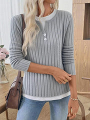 Fashorio Light Gray / S Ribbed Knit Button Detail Contrast Sweater