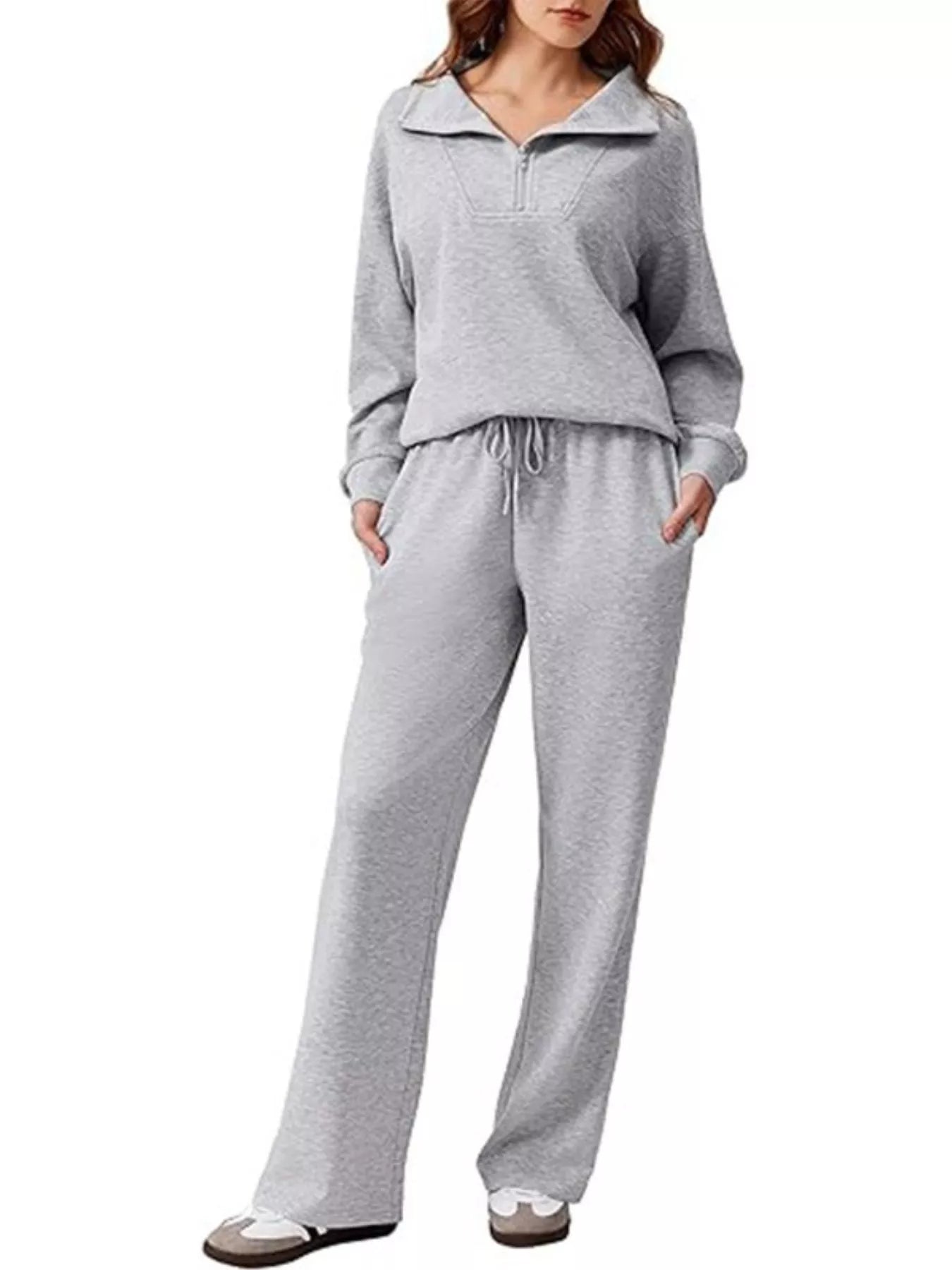 Fashorio Light Gray / S Zip Collar Dropped Shoulder Top and Pants Set
