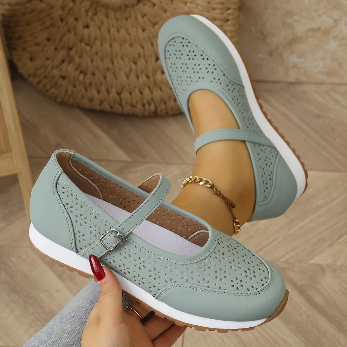 Fashorio Light Green / 36 Perforated Mary Jane Slip-Ons with Athletic Sole