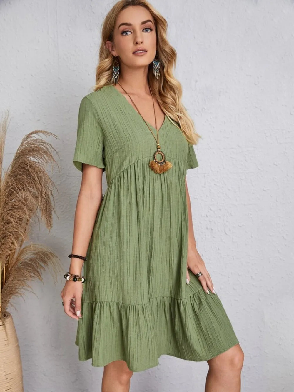 Fashorio Light Green / S Full Size V-Neck Short Sleeve Dress