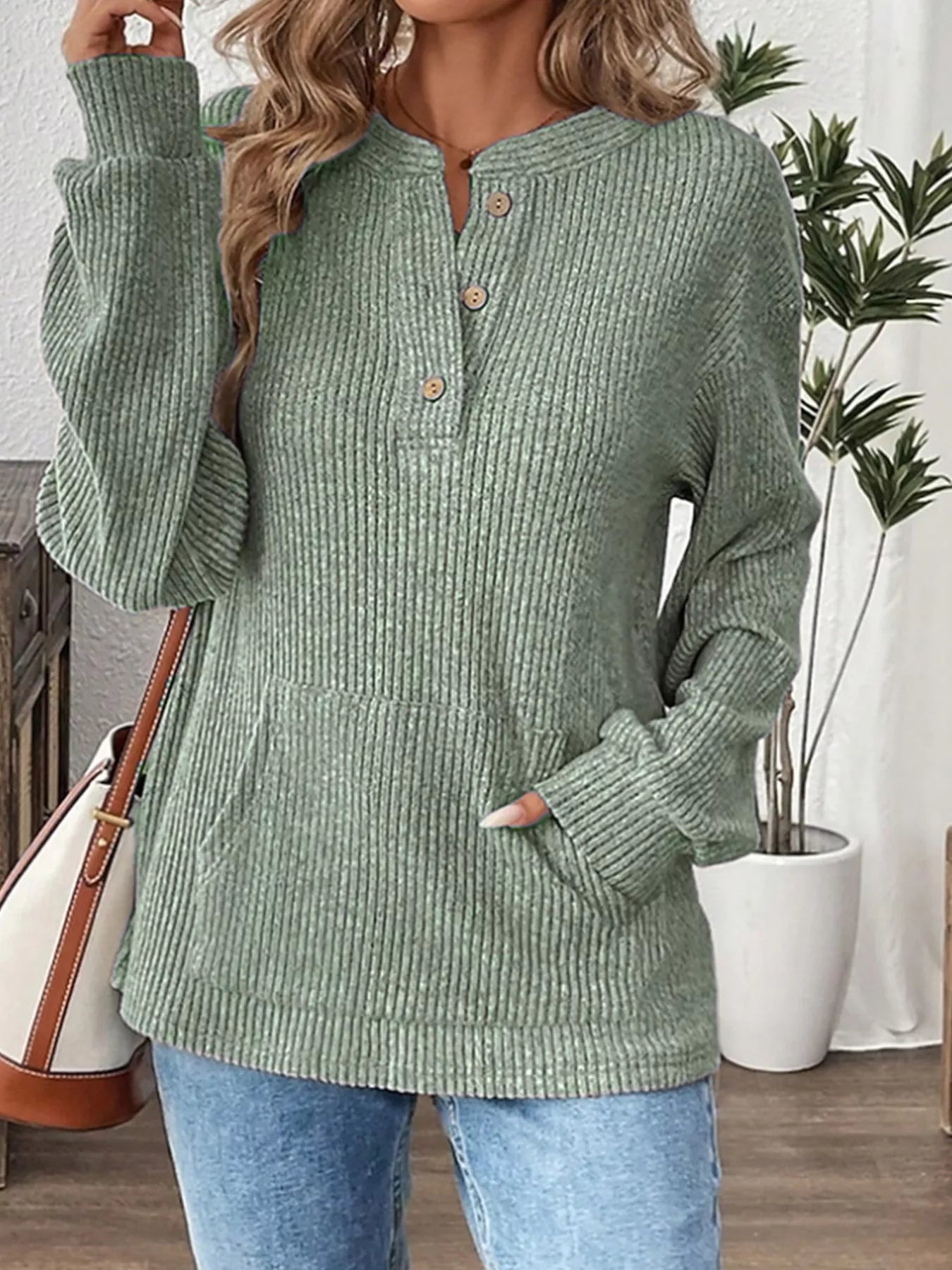 Fashorio Light Green / S Ribbed Button Detail Long Sleeve T-Shirt