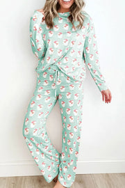 Fashorio Light Green / S Santa Print Long Sleeve Top and Pants Lounge Set