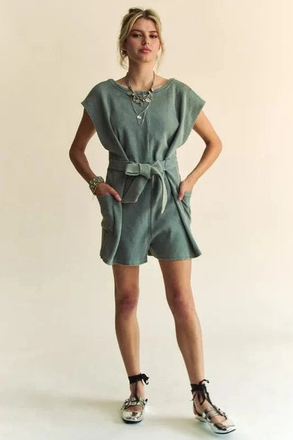 Davi & Dani Acid-Washed Waffle Knit Cuffed Sleeves Romper Light Teal - Fashorio