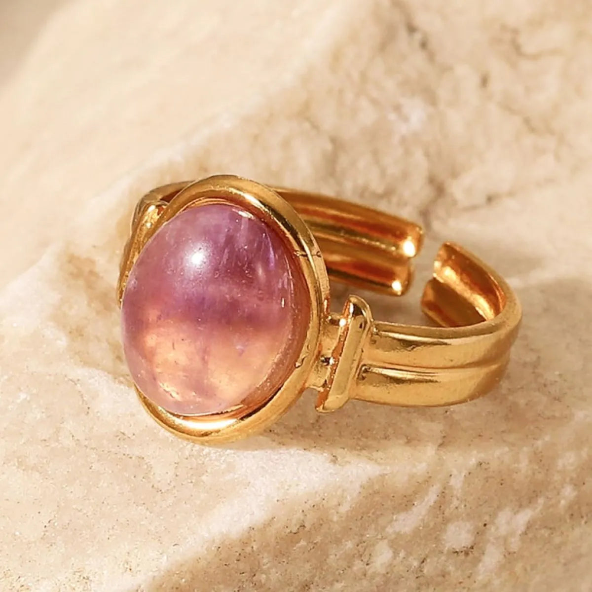 Fashorio Lilac / One Size Vintage Natural Stone Gold Plated Adjustable Ring