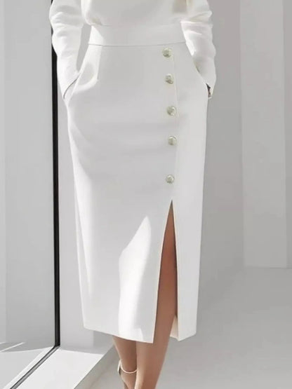 Long Sleeve Button Detail Midi Dress with Side Slit - Fashorio