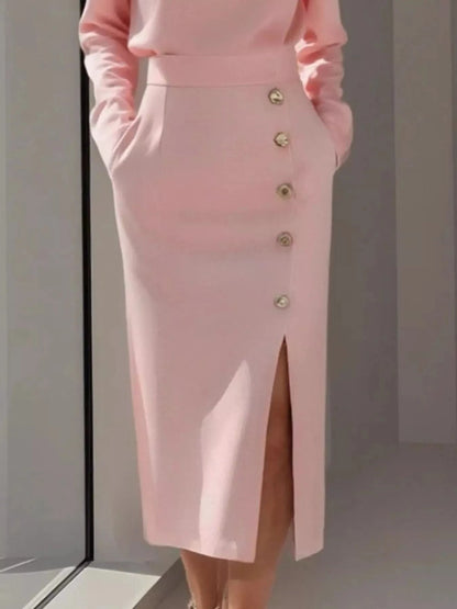 Long Sleeve Button Detail Midi Dress with Side Slit - Fashorio