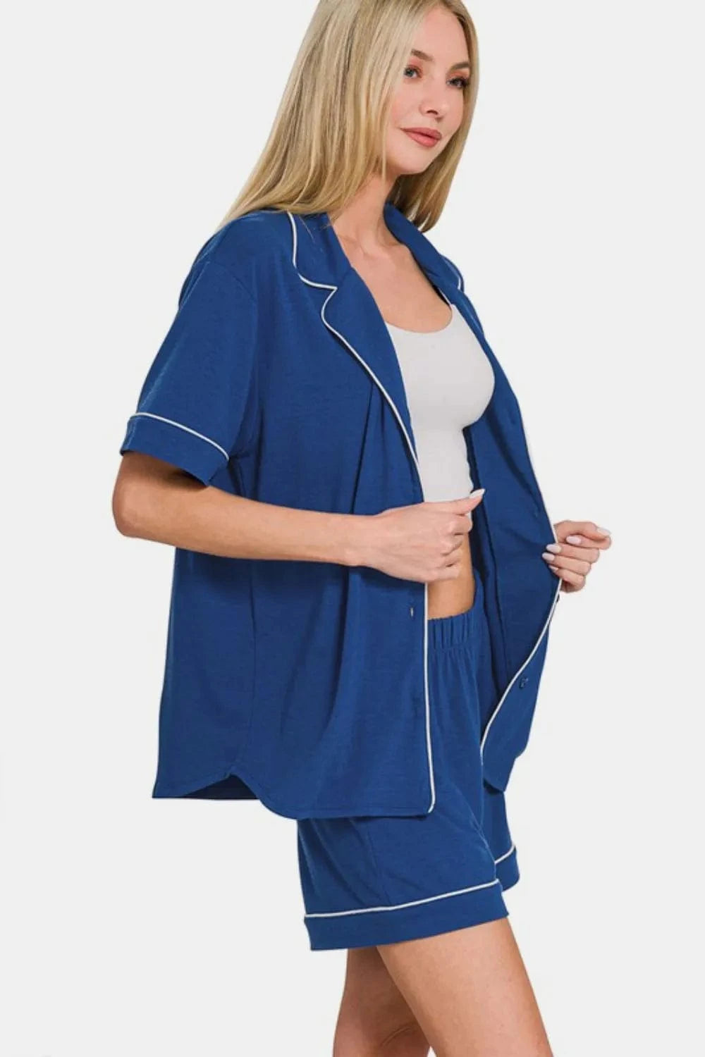 Zenana Button Down Short Sleeve Top and Shorts Lounge Set - Fashorio