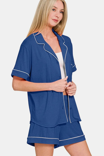 Zenana Button Down Short Sleeve Top and Shorts Lounge Set - Fashorio