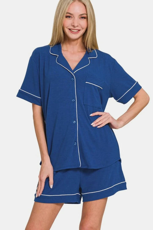 Zenana Button Down Short Sleeve Top and Shorts Lounge Set - Fashorio