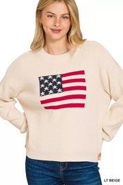 Fashorio LT BEIGE / S Zenana American Flag Crew Neck Sweater