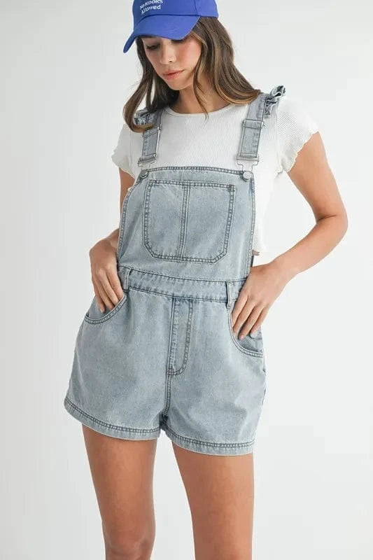 MABLE Square Neck Ruffle Shoulder Denim Overall Romper Lt Denim - Fashorio