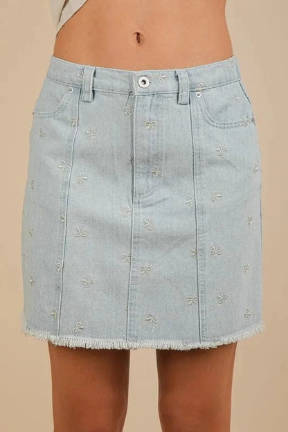 VERY J Bow Printed Casual Denim Mini Skirt Lt Indigo - Fashorio