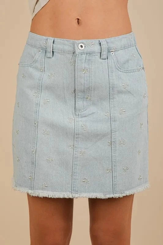 VERY J Bow Printed Casual Denim Mini Skirt Lt Indigo - Fashorio