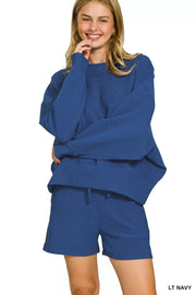 Fashorio LT NAVY / S Zenana Ribbed Round Neck Pullover and Shorts Set