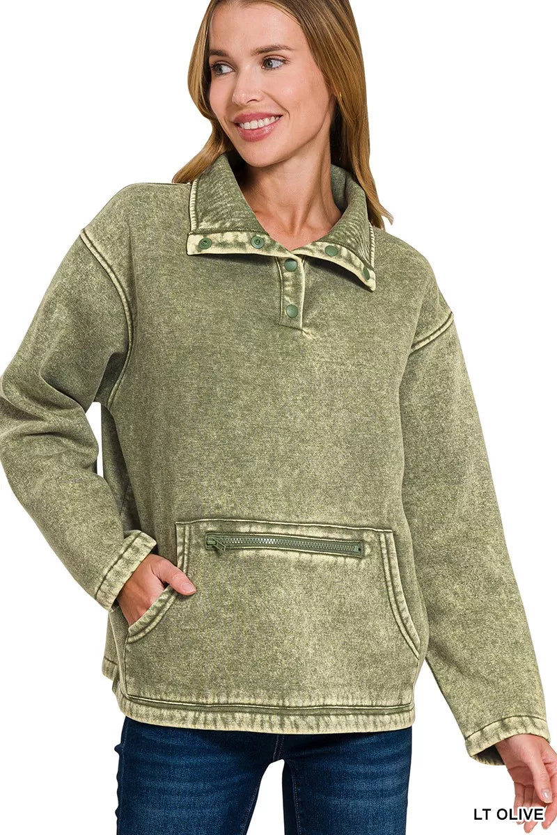 Fashorio LT OLIVE / S Zenana Fleece Washed High Neck Kangaroo Pocket Sweatshirt