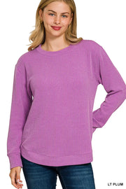 Fashorio LT PLUM / S Zenana Full Size Raised Rib Round Neck Long Sleeve Top Plus Size