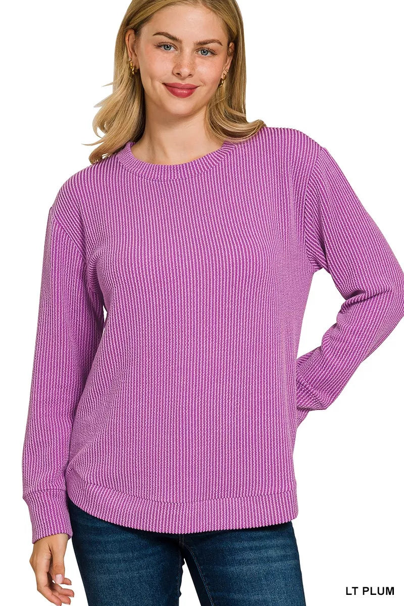 Fashorio LT PLUM / S Zenana Full Size Raised Rib Round Neck Long Sleeve Top Plus Size