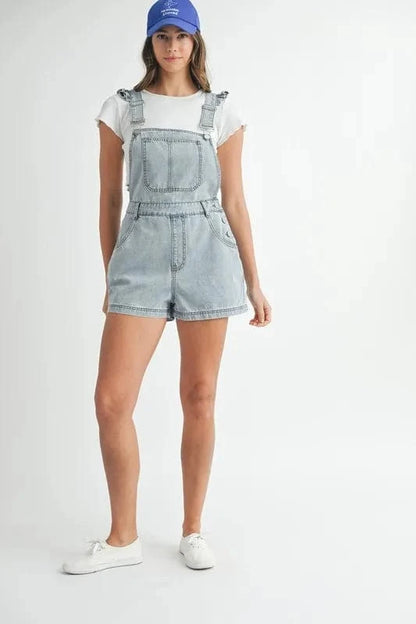 MABLE Square Neck Ruffle Shoulder Denim Overall Romper - Fashorio