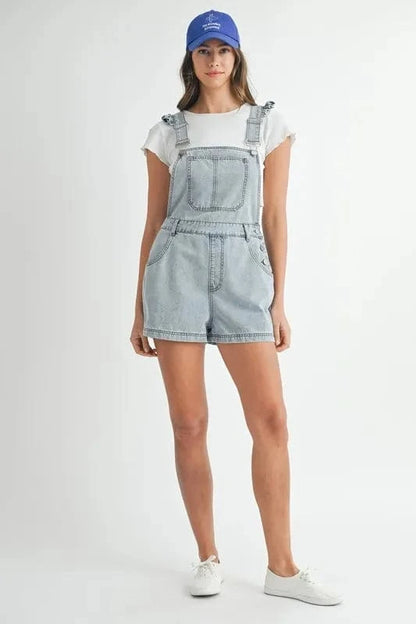 MABLE Square Neck Ruffle Shoulder Denim Overall Romper - Fashorio