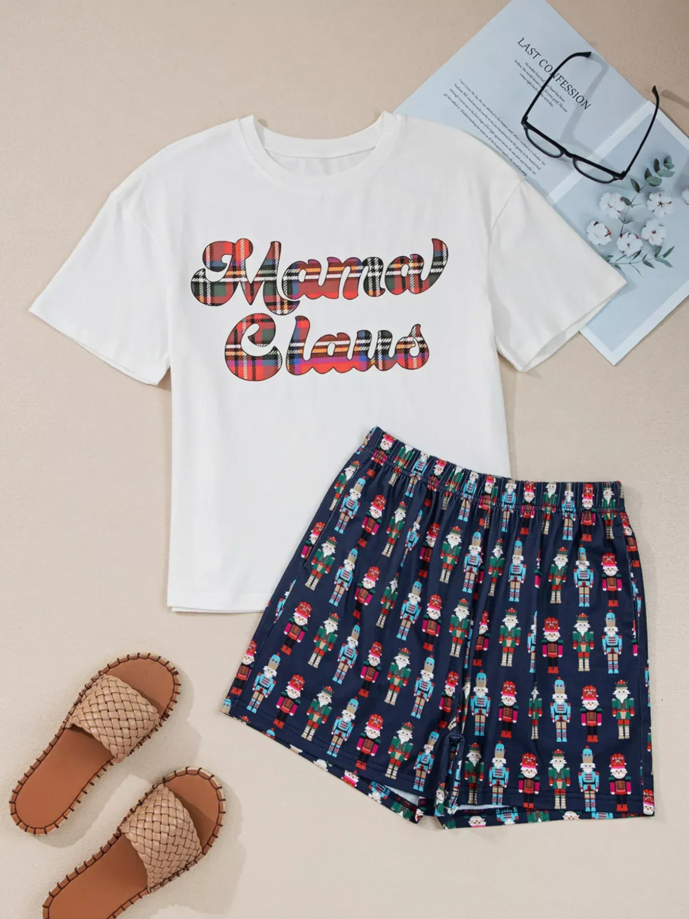 Fashorio Mama Claus Plaid Letter Tee and Nutcracker Shorts 2pcs Lounge Set