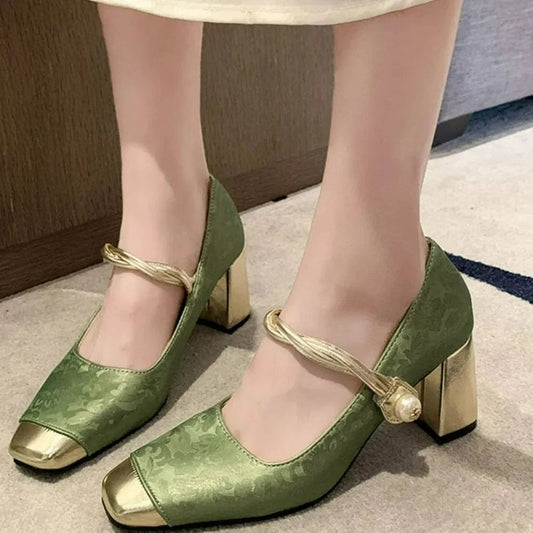 Square Toe Block Heels Pumps Matcha Green - Fashorio