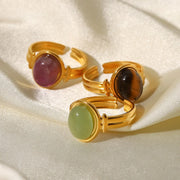 Fashorio Matcha Green / One Size Vintage Natural Stone Gold Plated Adjustable Ring