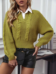 Fashorio Matcha Green / S Cable-Knit Collared Neck Faux Layered Sweater