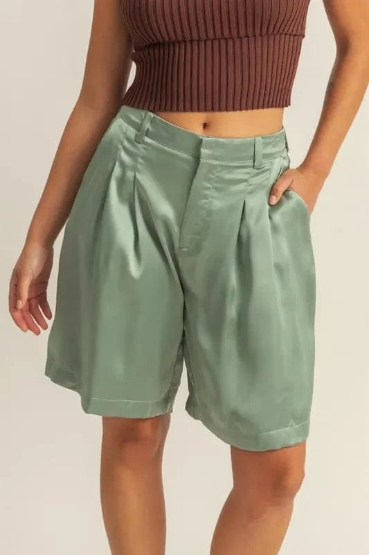 HYFVE High-Waist Pleated Satin Shorts Matcha Green - Fashorio
