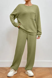 Fashorio Matcha Green / S Pocketed Round Neck Top and Pants Lounge Set