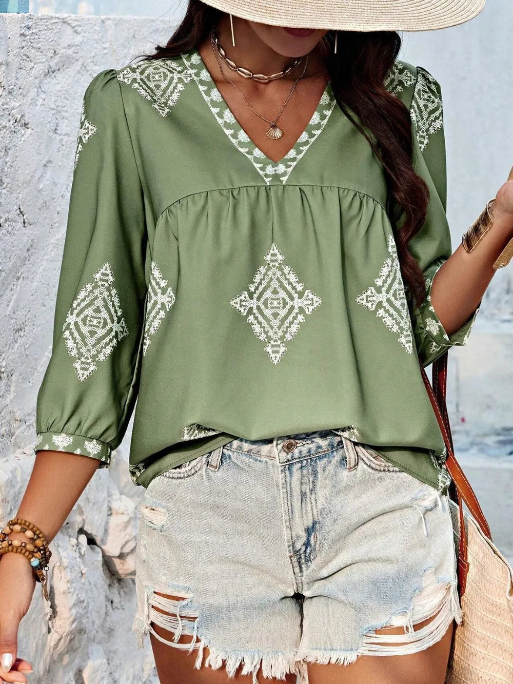 Fashorio Matcha Green / S Printed V-Neck Three-Quarter Sleeve Blouse