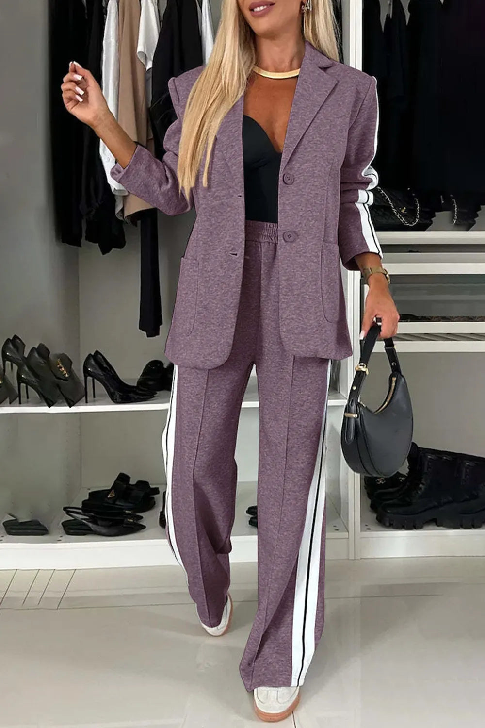 Fashorio Mauve / S Full Size Contrast Lapel Collar Top and Pants Set