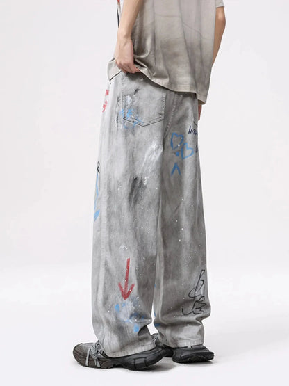 Men's Distressed Graffiti Print Wide Leg Jeans - Fashorio