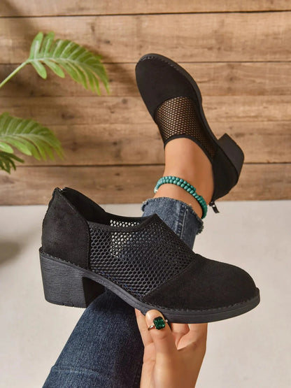 Mesh Panel Block Heel Pumps - Fashorio
