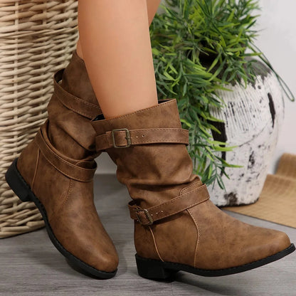 Mid-Calf Buckle Strap Boots - Fashorio