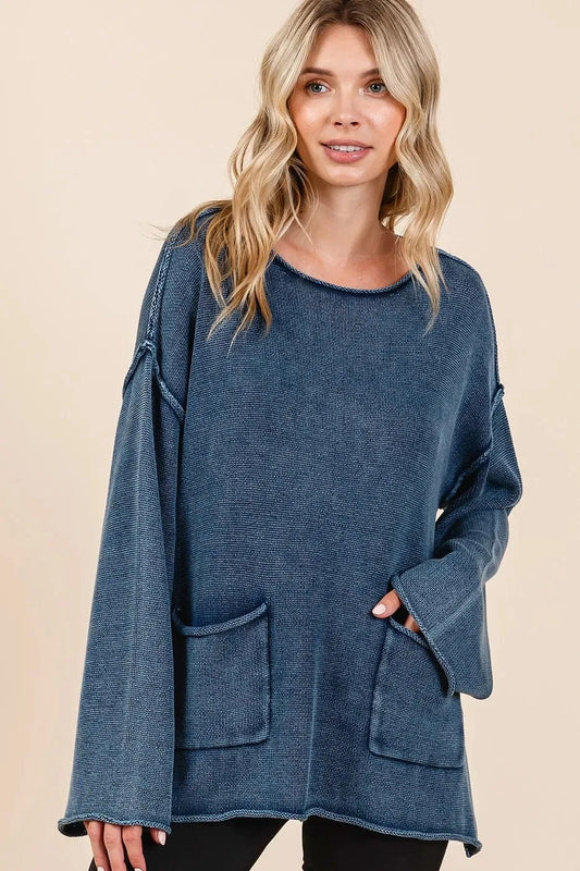 Mittoshop Mineral Wash Patch Pocket Cut Edge Sweater Midnight - Fashorio