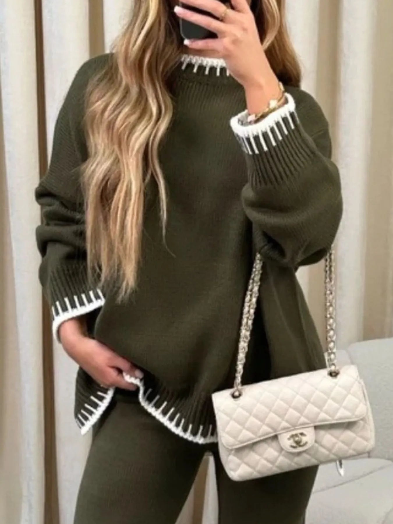 Fashorio Military Green / S Contrast Trim Round Neck Top and Pants Sweater Set