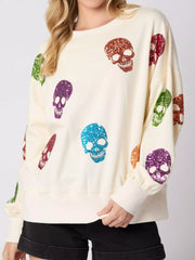 Fashorio Milky White / S Halloween Colorful Skull Sequin Oversized Sweatshirt