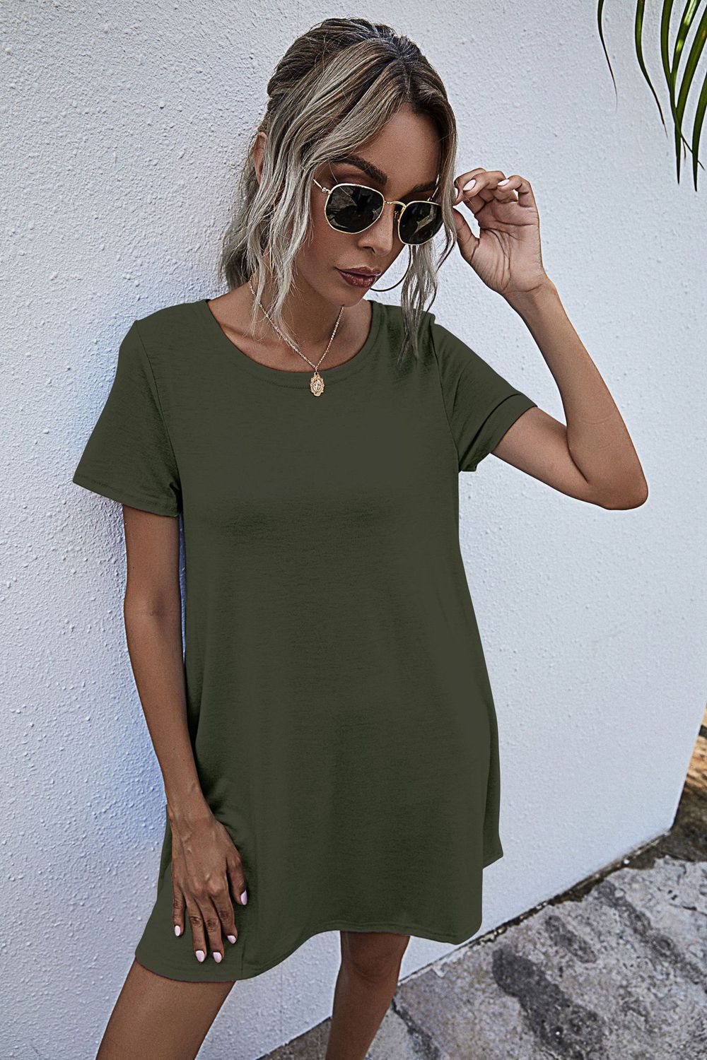 Fashorio Mini Dresses Army Green / S Round Neck Short Sleeve Mini Dress