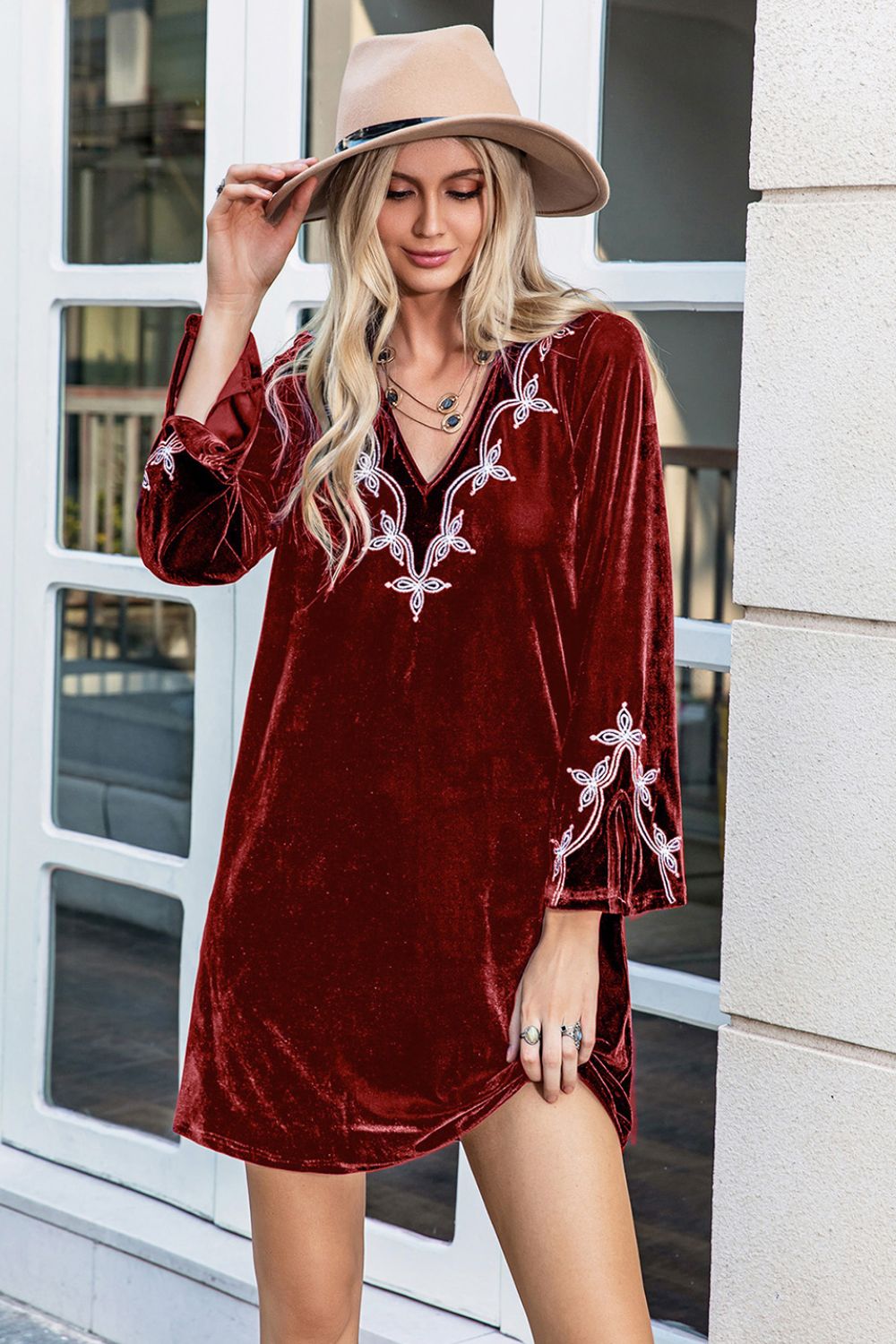 Fashorio Mini Dresses Burgundy / S Boho V-Neck Long Sleeve Mini Dress – Stretchy A-Line Fit