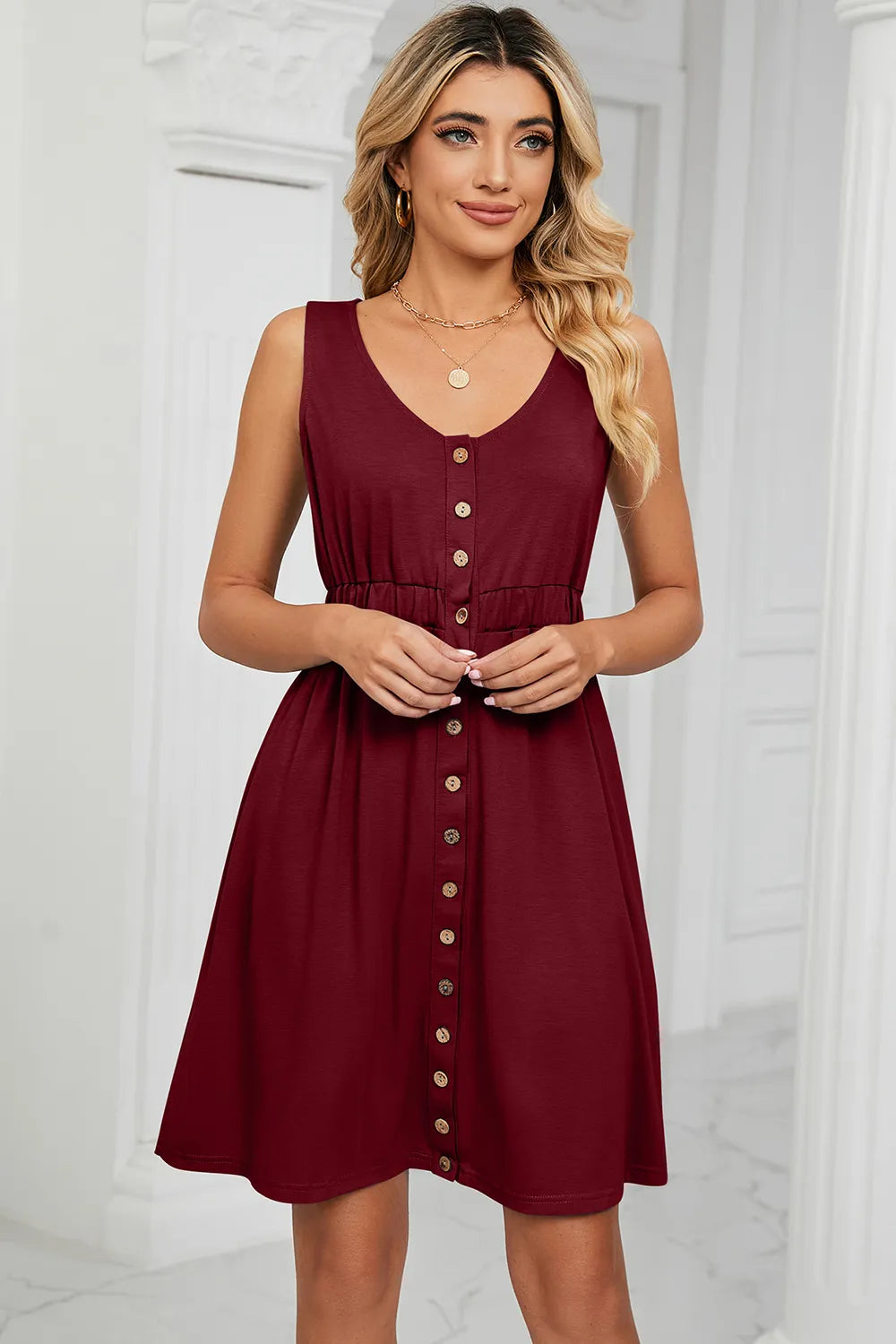 Fashorio Mini Dresses Burgundy / S Buttoned Wide Strap Mini Dress
